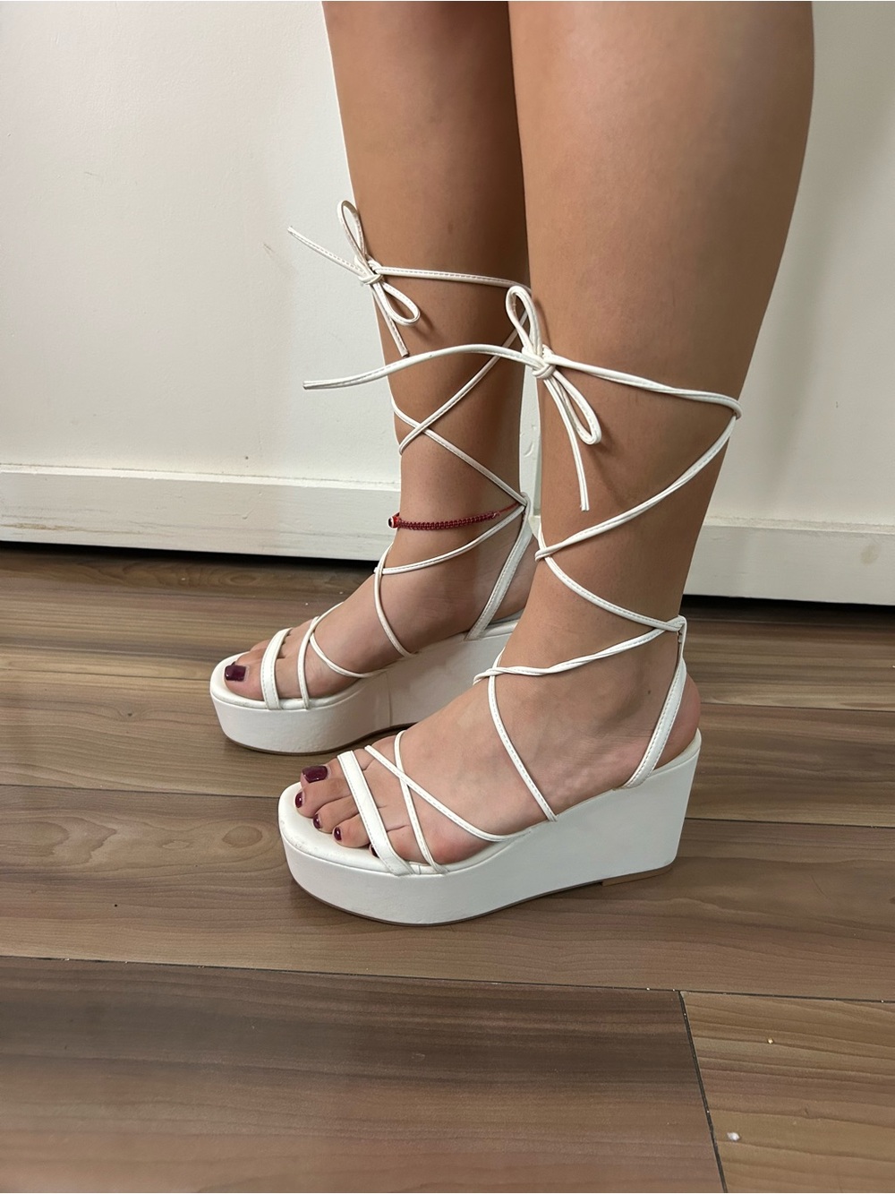 Liliana White Lace-Up Platform Wedge Sandals